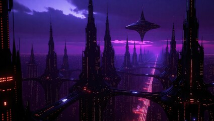 Futuristic Cityscape at Dusk with Alien Spaceship and Purple Hues.