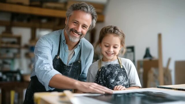 grandfather demonstrating printmaking technique with roller to child ink rolling sound curiosity craft three quarter wide angle cinematic color correction gentle backlight clean