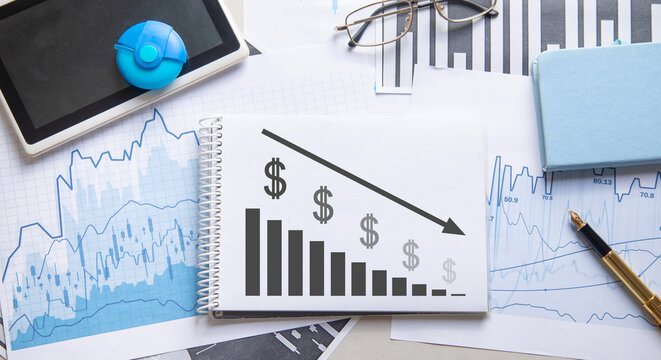 US dollar with a down graph. Inflation