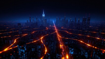 Futuristic Cityscape at Night with Glowing Orange Networks.