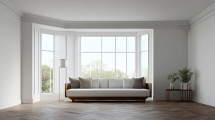 Obraz premium Bright Minimalist Living Room with Large Bay Window, White Sofa and Greenery Decor