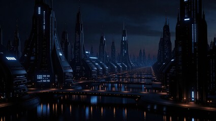 Futuristic Cityscape at Night with Illuminated Buildings and Water Reflections.
