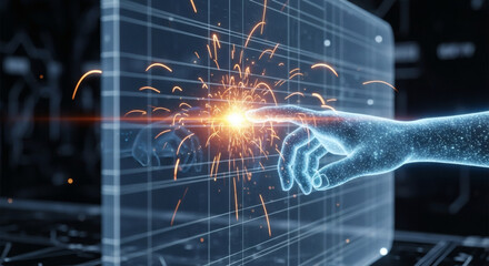 Futuristic digital interface with a glowing hand interacting with a spark of light