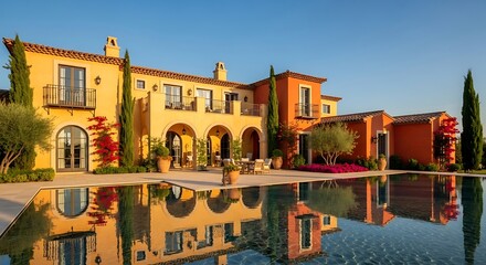 Luxurious mediterranean villa reflected in the tranquil swimming pool