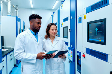 Young adult Black man and young adult Caucasian woman wearing lab coats using digital tablets while analyzing data on laboratory equipment screen in modern scientific facility