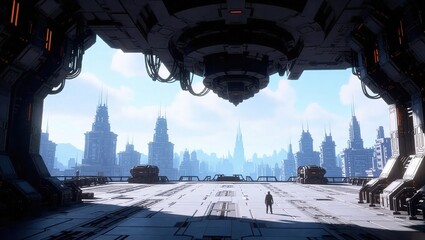 Futuristic Cityscape with a Lone Figure in the Foreground.