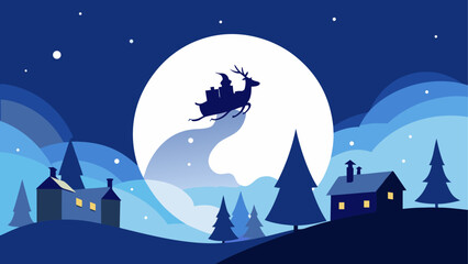 Naklejka premium Santa flying over village in moonlight sky