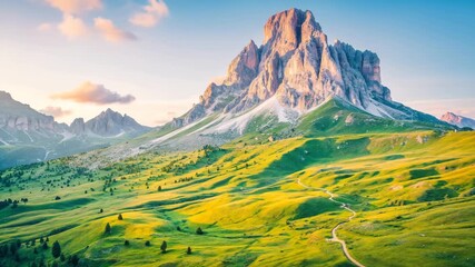 Majestic mountain peaks bathed in golden sunrise light revealing lush green alpine meadows and - Powered by Adobe