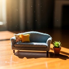 Miniature living room scene with a couch and succulent basking in sunlight