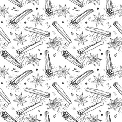A hand-drawn seamless pattern with cinnamon, star anise, cloves, and cardamom. Template for spice packaging and label design