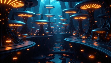 Futuristic Cityscape with Glowing Structures and Water Reflections.