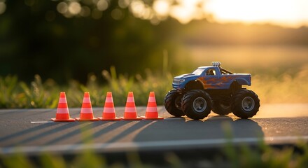 Monster Truck Toy Navigating an Obstacle Course at Sunset Backdrop