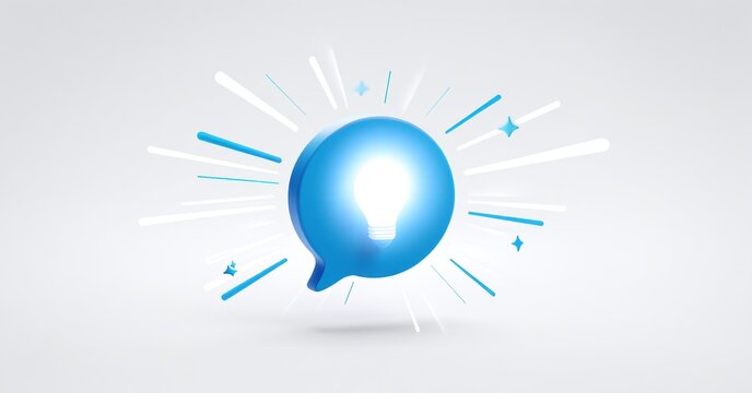 Blue speech bubble balloon with glowing light bulb inside representing new ideas and innovation