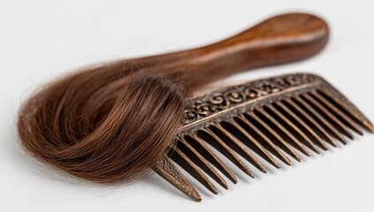 Obraz premium A wooden-handled comb lies beside a clump of brown hair
