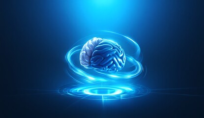 Futuristic digital brain with glowing blue energy swirls and futuristic interface