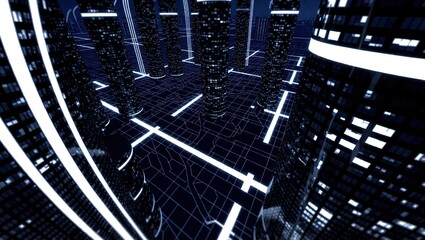 Futuristic Cityscape with Neon Lights and Grid Pattern.