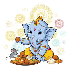 Cute cartoon baby Ganesha, the Hindu god, eating Indian sweets with his mouse companion on a decorative background.
