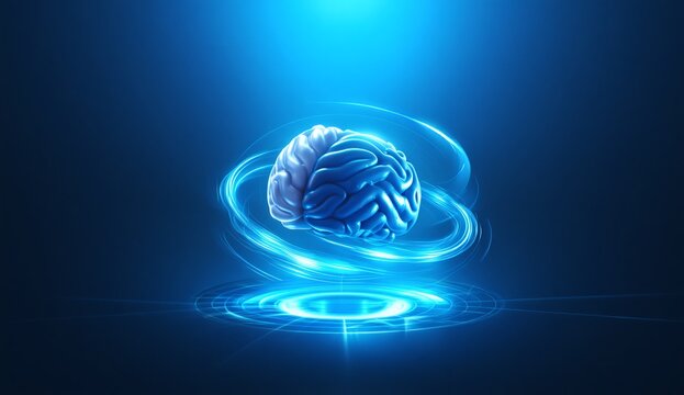 Futuristic digital brain with glowing blue energy swirls and futuristic interface - Powered by Adobe