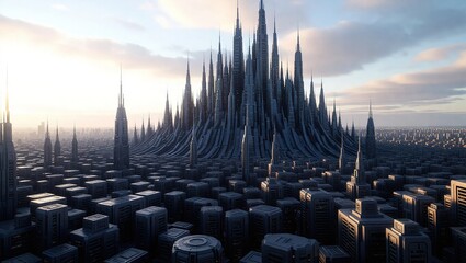 Futuristic Cityscape with Spire Structures and Urban Design.