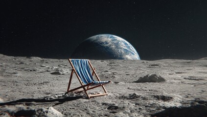 A beach chair on the moon, Earth in the background