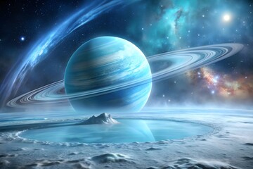A blue planet with rings hovers over a frozen landscape in deep space