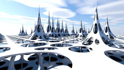 Futuristic Cityscape with Spire-like Structures and Open Spaces.
