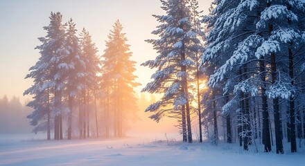 Serene Snowy Forest at Sunrise: A Winter Wonderland Landscape with a Soft Golden Glow Illuminating the Snow-Covered
