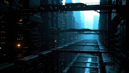 Futuristic Cityscape with Towering Structures and Glowing Blue Hues.