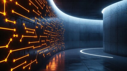 Futuristic Curved Hallway with Glowing Circuit Board Wall.