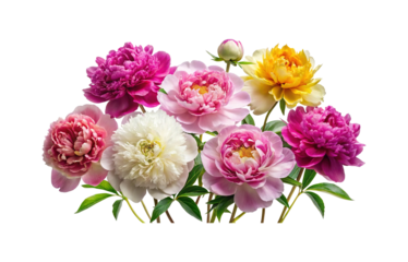Elegant floral arrangement featuring vibrant peonies in various shades of pink, white, and yellow