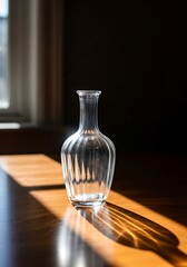 Sunlit glass vase on wooden table casting sharp shadows creating contrast