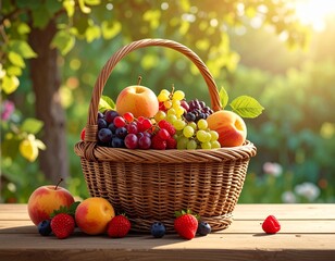 Fresh fruit basket with grapes, peaches, and berries on wooden table in natural sunlight