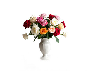 Bouquet of colorful roses in a white ceramic vase isolated on white background