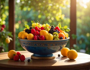 Colorful fresh fruits in a blue ceramic bowl on a wooden table with sunlight