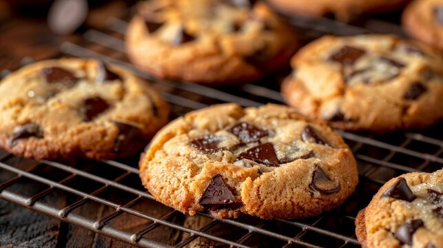 Warm lighting highlights close up of freshly baked chocolate chip cookies on a rustic cooling rack