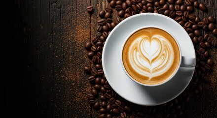 Latte Art Coffee: A close-up view of a cup of coffee with beautiful latte art, surrounded by scattered roasted coffee beans on a textured wooden surface.