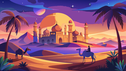 Camel ride near the desert palace at dusk © Kalo