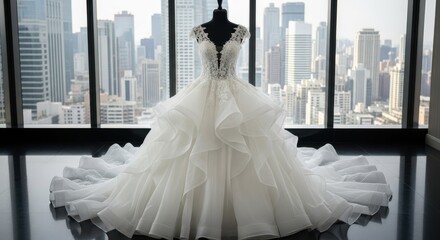 Wedding dress on display with cityscape: a stunning bridal gown is gracefully displayed on a mannequin, set against a backdrop of a modern cityscape.