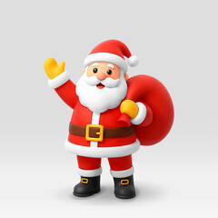 Santa Claus waving hello and carrying bag of gifts, 3d minimal vector illustration for Christmas and New Year holiday greeting card.