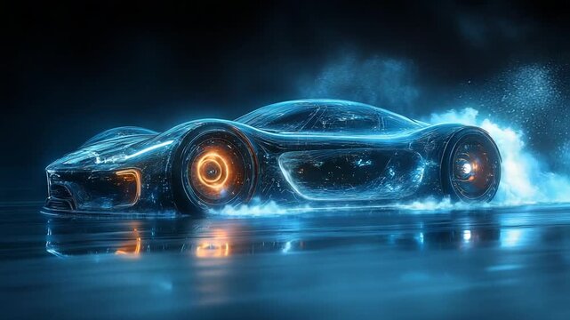 Futuristic Neon Supercar Racing on a Wet Reflective Surface.