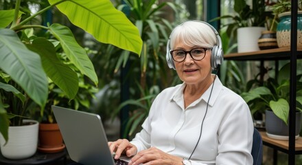 Serene Senior in Green Oasis: An elderly woman, headphones adorning her ears, finds solace and connection amidst a lush indoor garden, engaging with technology with a gentle smile and calm demeanor.