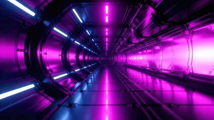 Futuristic Neon Lit Tunnel with Vibrant Purple and Blue Lights.