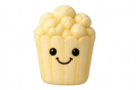 Popcorn plush toy character with a happy smiling face on a transparent background, representing fun and snack time