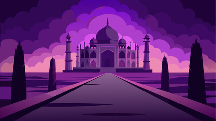 Taj mahal under a purple cloudy sky view