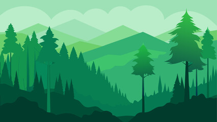 Green layered forest with mountains view