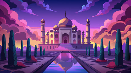 Taj mahal at dusk with reflection pool