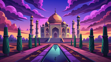 Taj mahal at sunset with purple clouds