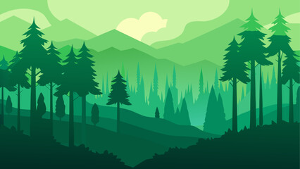 Green forest landscape with mountain range