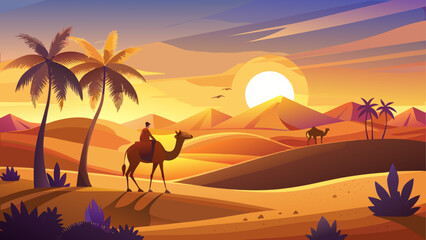 Camel riding through desert at sunset time