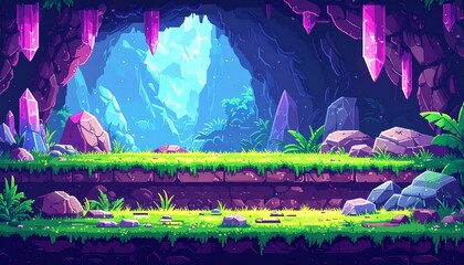 pixel art retro game level, Crystal Cavern, 8 bit 2d video game background, undergrou 